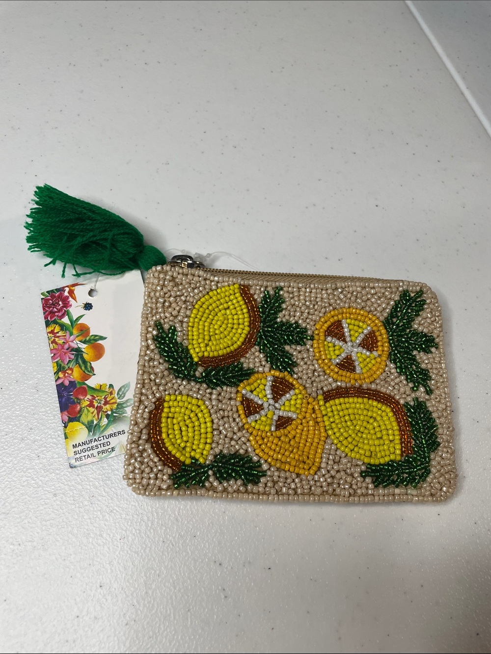 Beaded Lemon Wristlet Pouch with Green Tassel